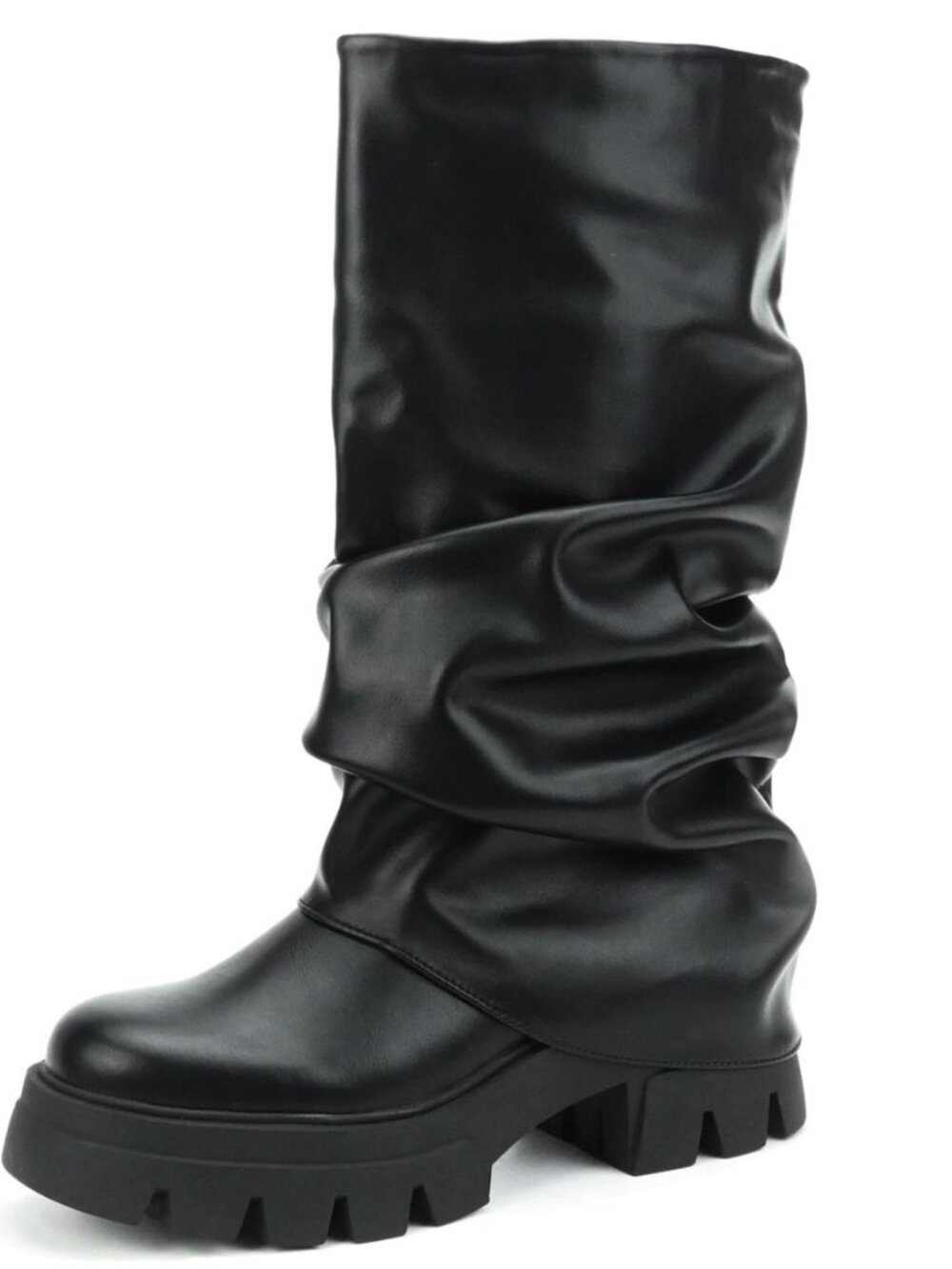 Women's Fold Over Boots Slouchy Platform Chunky Heels Ruched Mid Calf Boots